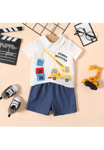 2pcs Baby Boy 100% Cotton Shorts and Cartoon Vehicle Print Short-sleeve Shirt Set