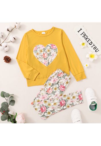 2-piece Kid Girl Floral Print Heart Pattern  Pullover Sweatshirt and Pants Set