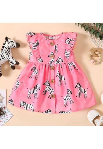 Baby Girl All Over Zebra Print Pink Button Up Sleeveless Ruffle Dress