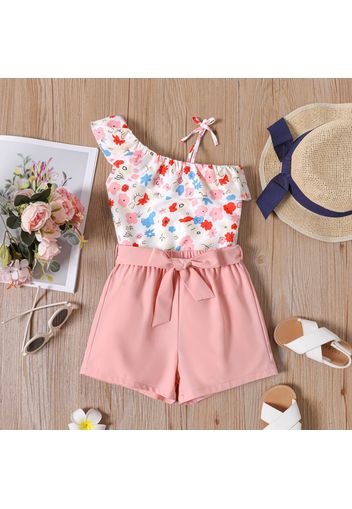 2pcs Toddler Girl Floral Print Flounce One Shoulder Bowknot Design Sleeveless Top and Belted Pink Shorts Set