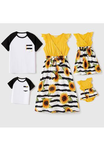 Family Matching Lace Flutter-sleeve Solid Splicing Sunflower Striped Dresses and Raglan-sleeve T-shirts Sets