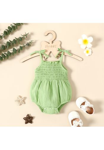 100% Cotton Crepe Baby Girl Solid Sleeveless Spaghetti Strap Shirred Romper