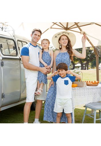 Family Matching All Over Floral Print Blue Halter Neck Sleeveless Maxi Dresses and Raglan-sleeve T-shirts Sets