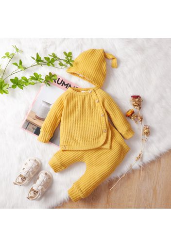 3pcs Baby Solid Waffle Button Down Long-sleeve Outfits Set