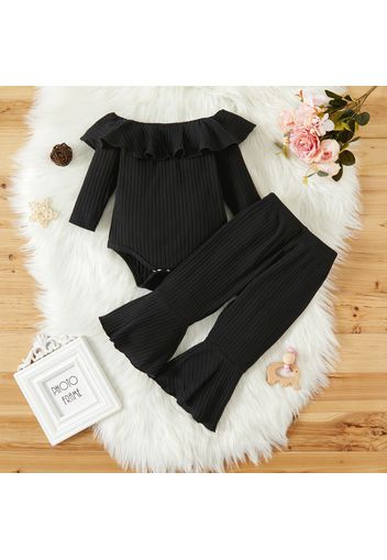 Baby Girl 2pcs Solid Ribbed Ruffle Long-sleeve Romper and Flared Pants Set