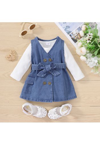 2pcs Baby Girl 95% Cotton Rib Knit Long-sleeve Romper and Double Breasted Belted Denim Tank Dress Set