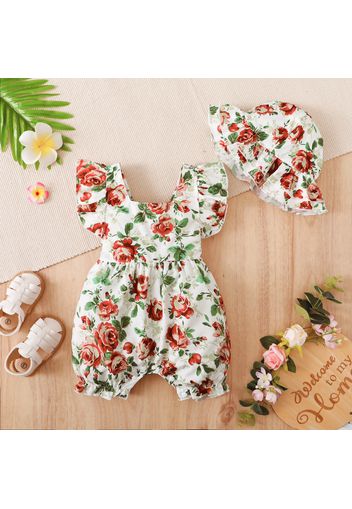 2pcs Baby Girl Allover Floral Print Ruffle Trim Sleeveless Romper with Hat Set