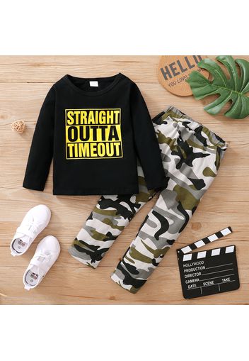 Baby 2pcs Letters Print Black Long-sleeve T-shirt and Camouflage Trouser Set