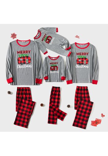 Christmas Letter Print and Red Plaid Family Matching Long-sleeve Crewneck Pajamas Sets (Flame Resistant)