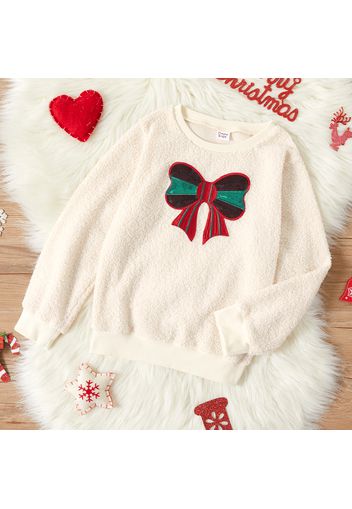 Kid Girl Christmas Sequined Bowknot Design/Tree Embroidered Teddy Fuzzy Pullover Sweatshirt