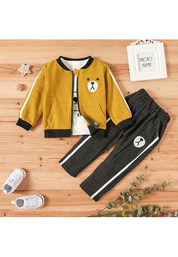 3pcs Bear Print Color Block Long-sleeve Baby Set