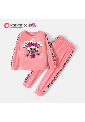 L.O.L. SURPRISE! 2pcs Kid Girl Letter Leopard Print Long-sleeve Pink Cotton Top and Elasticized Pants Set