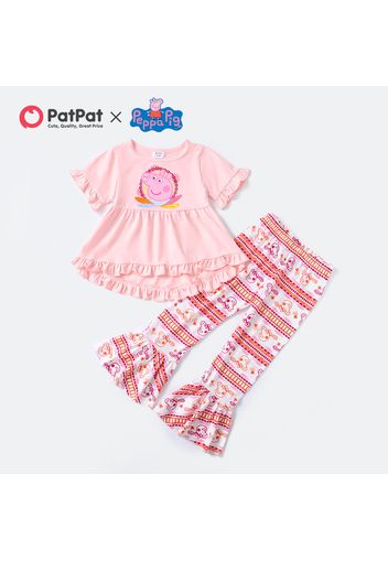 Peppa Pig 2pcs Toddler Girl Ruffled High Low Short-sleeve Pink Tee and Allover Print Flared Pants Set