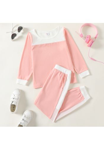 2-piece Kid Girl Colorblock Mesh Hollow out Long-sleeve Top and Elasticized Pants Casual Set