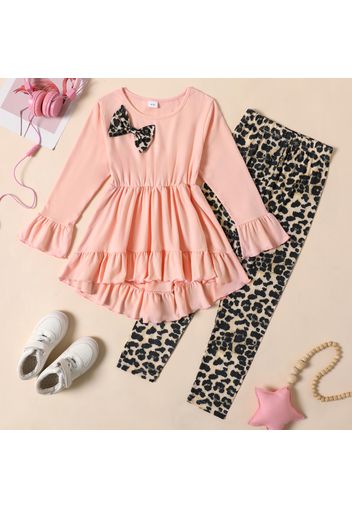 2-piece Kid Girl Bowknot Design Ruffled High Low Long-sleeve Top and Leopard Print Pants Set