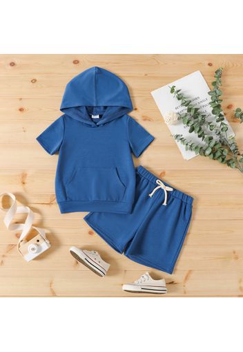 2pcs Toddler Boy Basic Solid Color Pocket Design Hooded Short-sleeve Tee and Elasticized Shrots Set