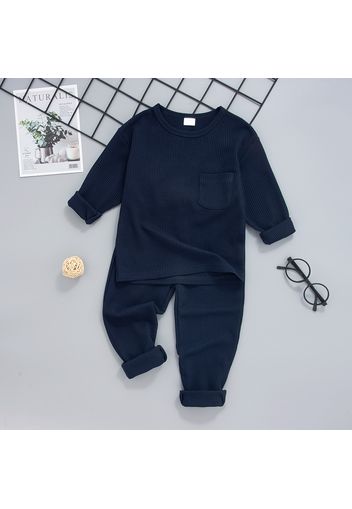 2-piece Toddler Boy Round-collar Long-sleeve Ribbed Solid Top with Pocket and Elasticized Pants Casual Set