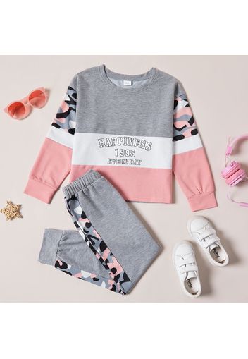 2-piece Kid Girl Letter Camouflage Print Colorblock Long-sleeve Tee and Elasticized Pants Set