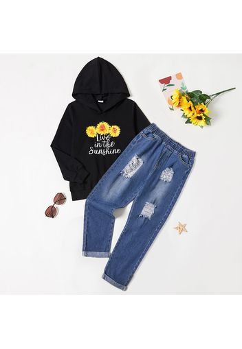 2-piece Kid Girl Letter Sunflower Print Black Hoodie Sweatshirt and Ripped Denim Jeans Set