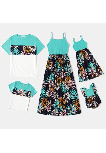 Family Matching Solid Spaghetti Strap Splicing Plant Print Dresses and Colorblock Shorts Sets