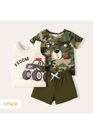 3pcs Baby Boy Vehicle Print Tank Top and Cartoon Camouflage Short-sleeve Tee and Solid Shorts Set