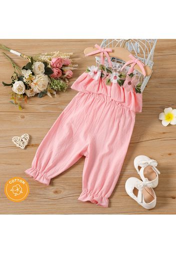 100% Cotton Baby Girl Floral Embroidered Flounce Cami Jumpsuit