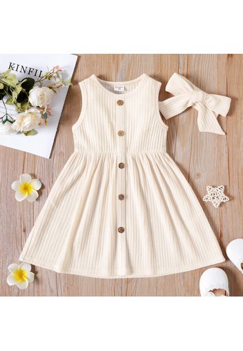 2pcs Toddler Girl Solid Color Button Design Ribbed Sleeveless Dress and Headband Set