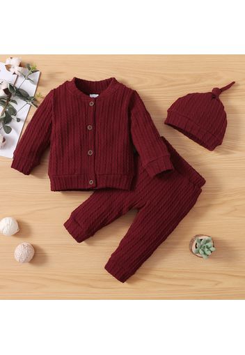 3-piece Baby Girl/Boy Solid Color Cable Knit Textured Sweater, Elasticized Pants and Knotted Cap Set