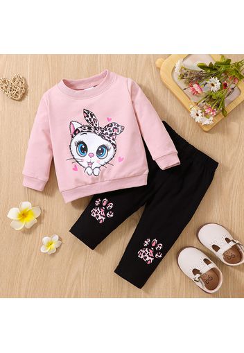 2pcs Baby Girl 95% Cotton Long-sleeve Cartoon Cat Print Pullover Sweatshirt and Pants Set