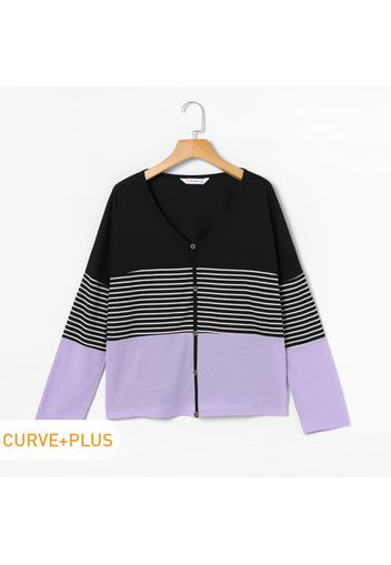 Women Plus Size Casual Button Design Striped Colorblock Long-sleeve Tee