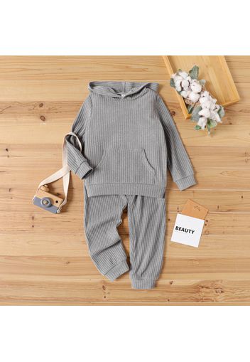 2pcs Toddler Boy Solid Color Ribbed Hooded Sweatshirt and Pants Set