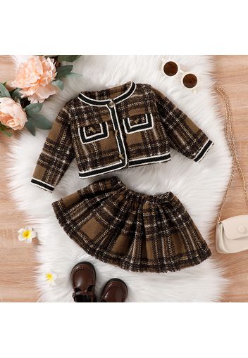 2pcs Baby Girl Long-sleeve Contrast Binding Brown Plaid Tweed Button Front Cardigan and Skirt Set