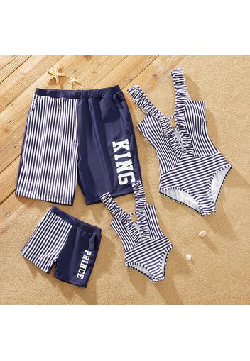 Family Matching Letter Print Splicing Striped Swim Trunks Shorts and Ruffle One-Piece Swimsuit