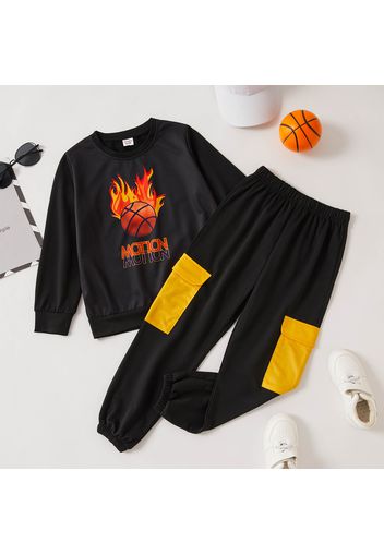 2-piece Kid Boy Letter Basketball Print Black Pullover and Colorblock Pants Set