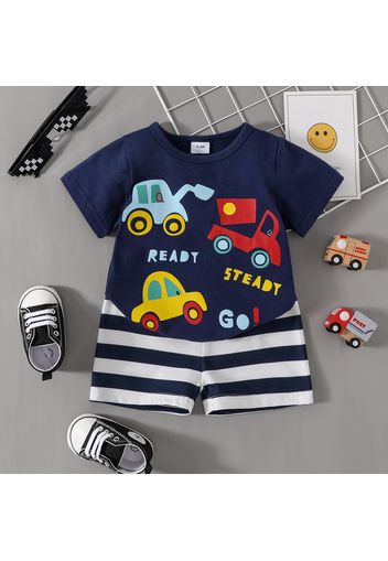 2pcs Baby Boy Cartoon Vehicle and Letter Print Short-sleeve T-shirt with Striped Shorts Set