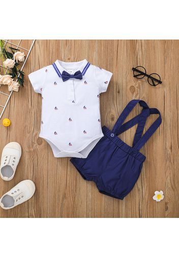 2pcs Sailboat or Mustache Print Bow Tie Decor Short-sleeve Baby Set