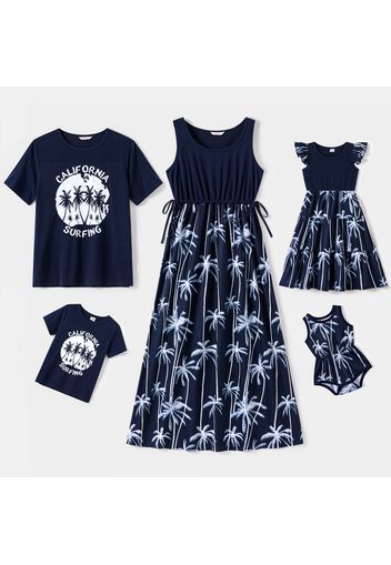 Family Matching Solid Splicing Coconut Print Sleeveless Maxi Dresses and Letter Print Short-sleeve T-shirts Sets