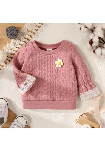 Baby Girl 3D Flower Decor Solid Imitation Knitting Lace Long-sleeve Top