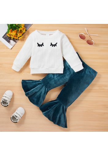 2-piece Toddler Girl Eyelash Print Cable Knit White Sweater and Flared Velvet Pants Set