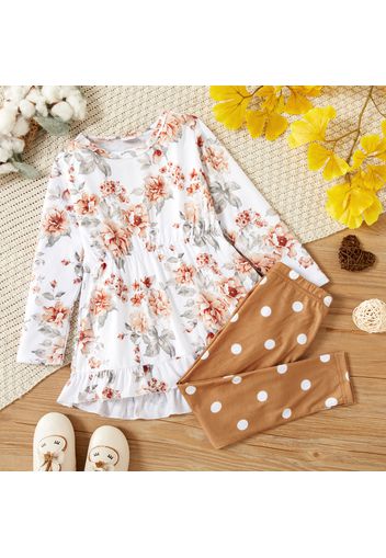 2-piece Toddler Girl Floral Print High Low Long-sleeve Top and Polka dots Pants Set