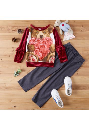 2-piece Kid Girl Floral Bear Print Ruffled Velvet Pullover and Solid Pants Set