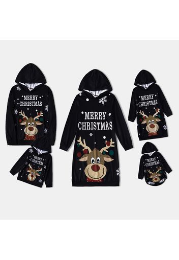 Christmas Letter and Cartoon Reindeer Print Black Family Matching Long-sleeve Dresses and Sweatshirts Sets