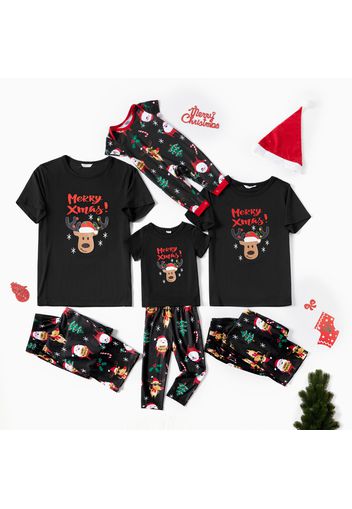 Christmas Cartoon Deer and Letter Print Black Family Matching Short-sleeve Pajamas Sets (Flame Resistant)