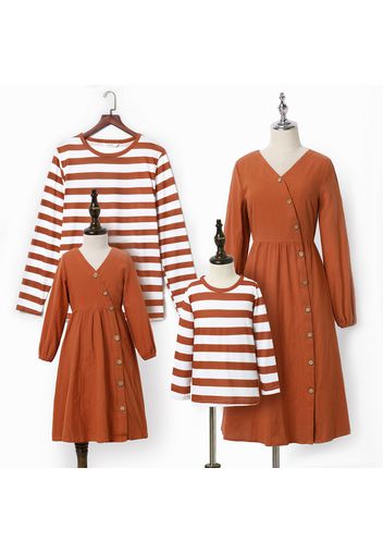 100% Cotton Family Matching Solid Half-sleeve Dresses and Stripe Long-sleeve T-shirts Sets