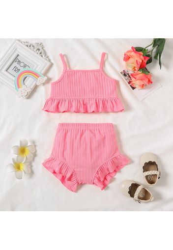 2pcs Baby Girl Solid Ribbed Spaghetti Strap Ruffle Top and Shorts Set