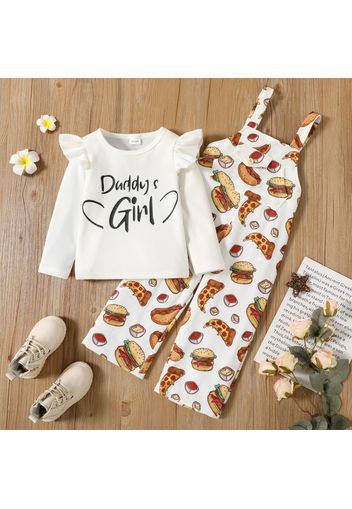 2-piece Toddler Girl Letter Print Ruffled Long-sleeve Ribbed Top and Fast Food Print Overalls Set