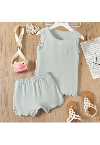 2pcs Kid Girl 100% Cotton Solid Color Floral Embroidered Sleeveless Tee and Lettuce Trim Shorts Set