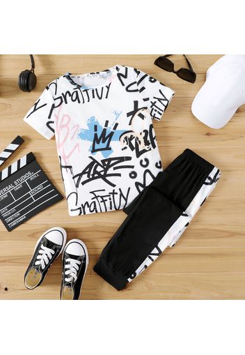 2pcs Kid Boy Painting Print Short-sleeve Tee and Colorblock Elasticized Pants Set