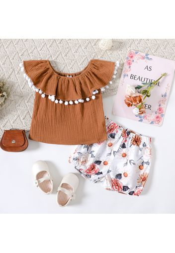 2pcs Baby Girl 100% Cotton Crepe Floral Print Pom Poms Ruffle Sleeveless Top and Shorts Set