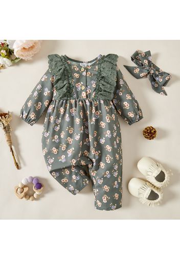 2pcs Baby Girl All Over Floral Print Long-sleeve Ruffle Button Jumpsuit Set